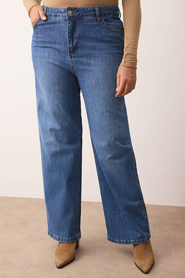 Mavi Yüksek Bel Geniş Paça Büyük Beden Wide Leg Jeans TBBAW26CJ00001 - 3