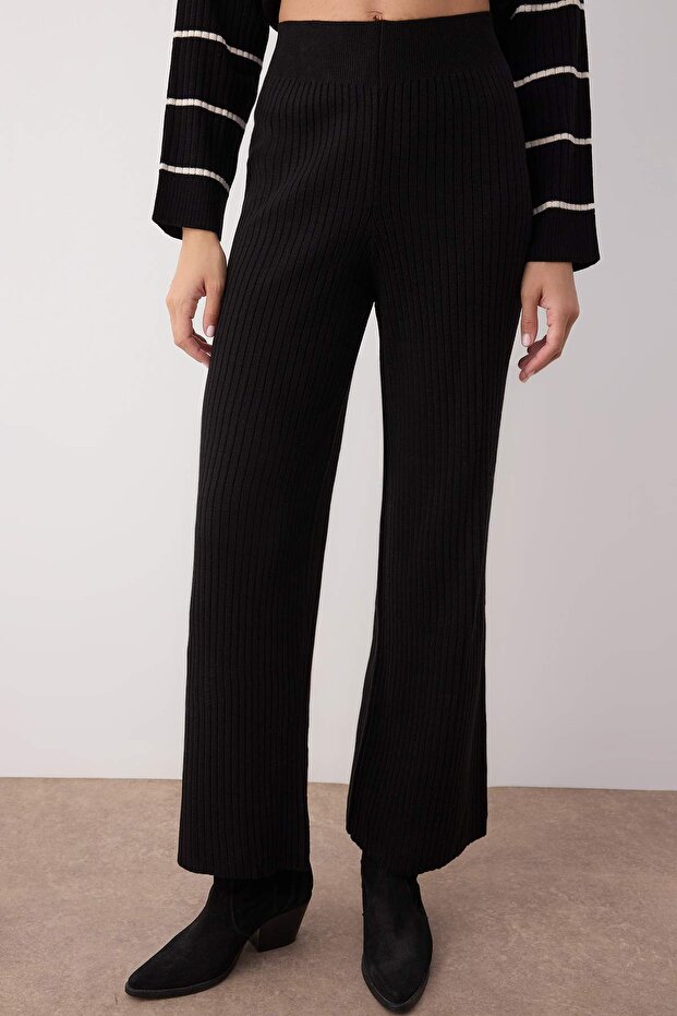 Siyah*001 Geniş Kalıp Çizgili Basic Fittilli Triko Alt-Üst Takım TWOSS20AU0084 - 3