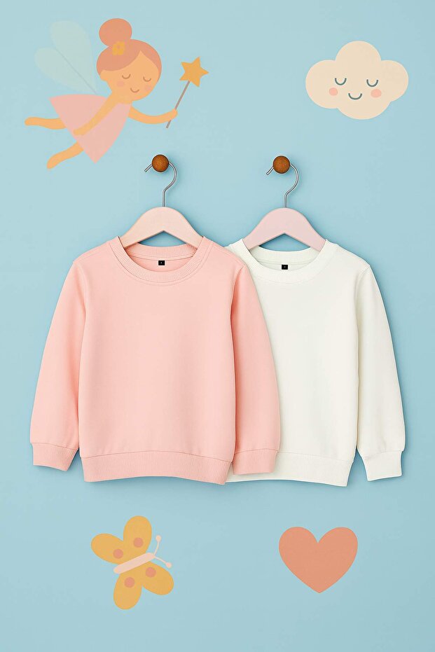 Gül Kurusu- Ekru 2'li Pamuklu Düz/Basic Kız Çocuk Örme Okul Sweatshirt TKDAW25SW00000 - 1