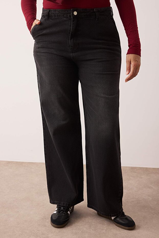Antrasit Yüksek Bel Geniş Paça/Wide Leg Comfort/Orta Esnek Büyük Beden Jeans TBBSS24CJ00048 - 3