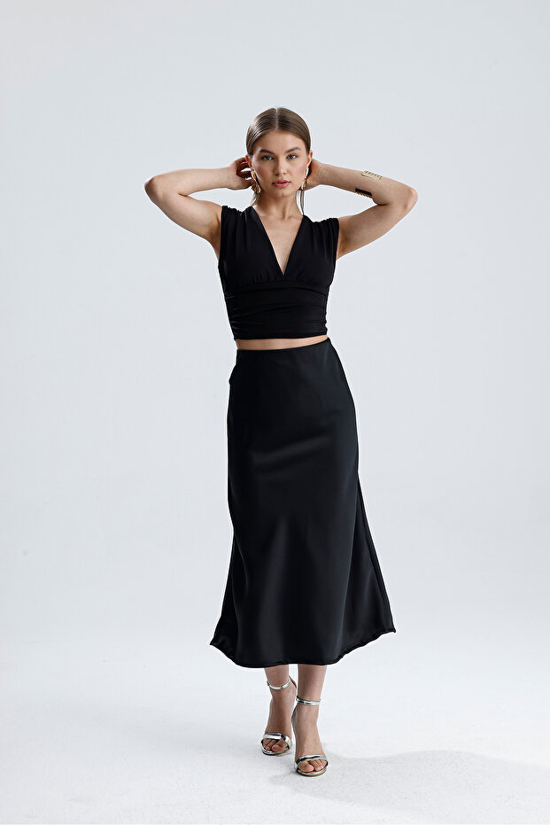 Women's High Waist Satin Midi Skirt