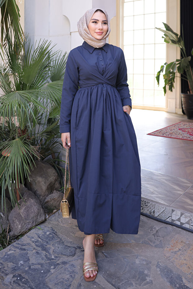 Navy Blue Waist Belted Dress