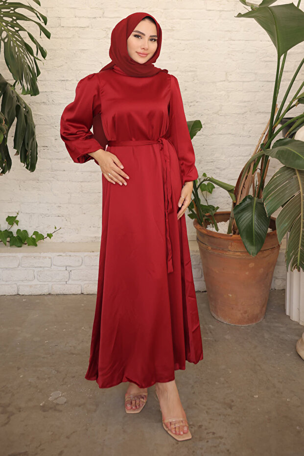 Burgundy Judge Collar Balloon Sleeve Satin Evening Dress