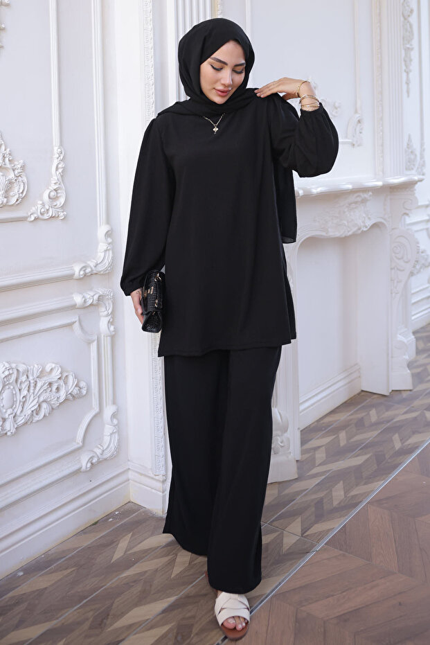 Black Wrinkled Tunic Trousers Suit