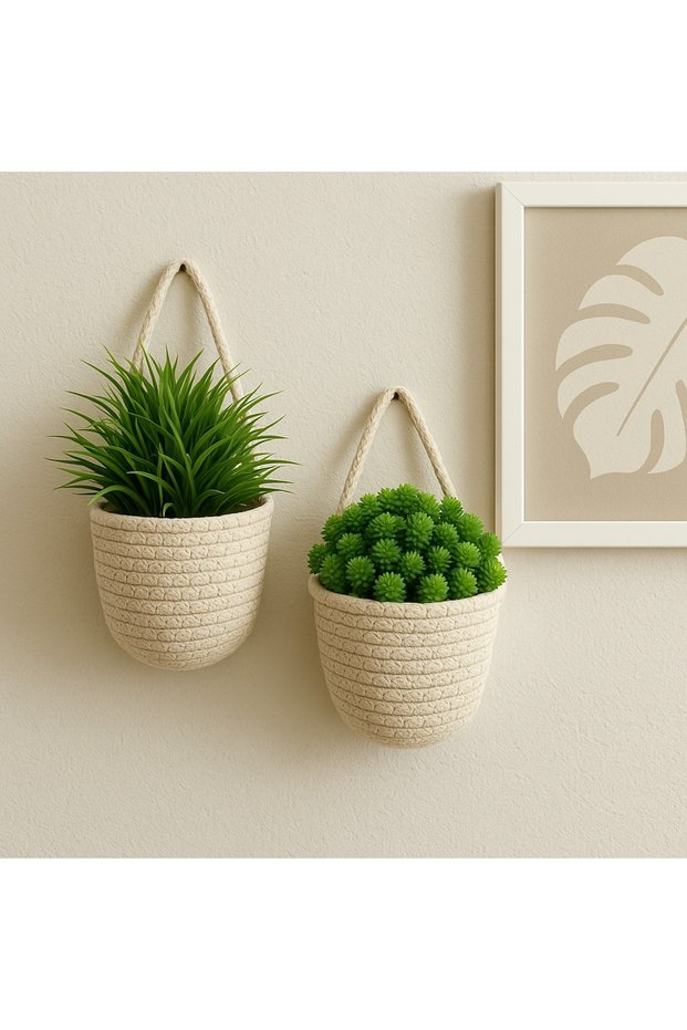 Basket Mini Decorative 2-Piece Cream Color Flower Pot 12X10 cm