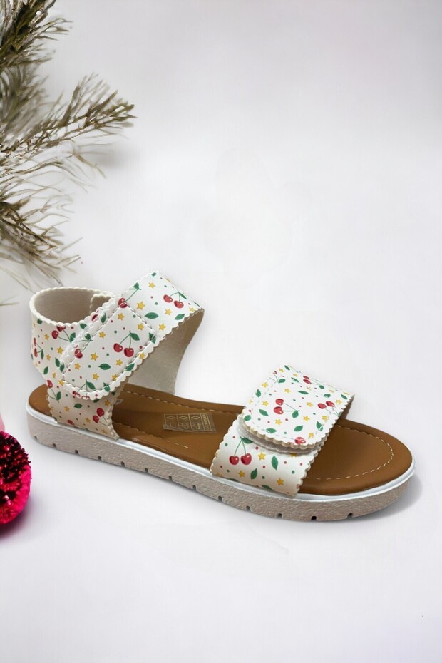 White Cherry Patterned Velcro Girls' Sandals