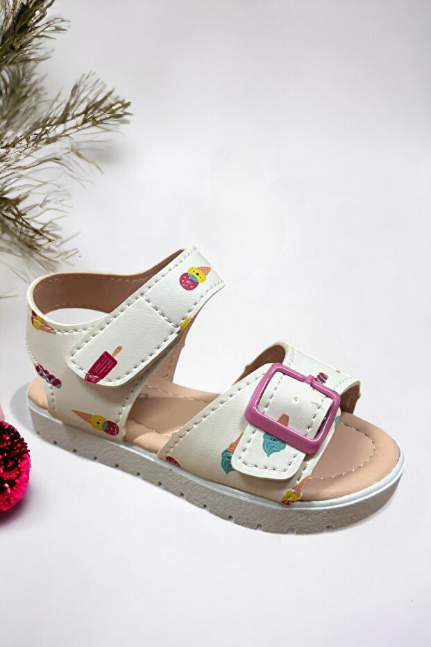 White Ice Cream Patterned Velcro Girls' Sandals