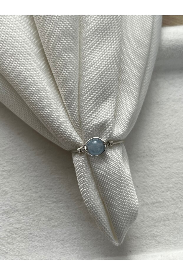 Aquamarine Adjustable Silver Color Natural Stone Handmade Wire Ring