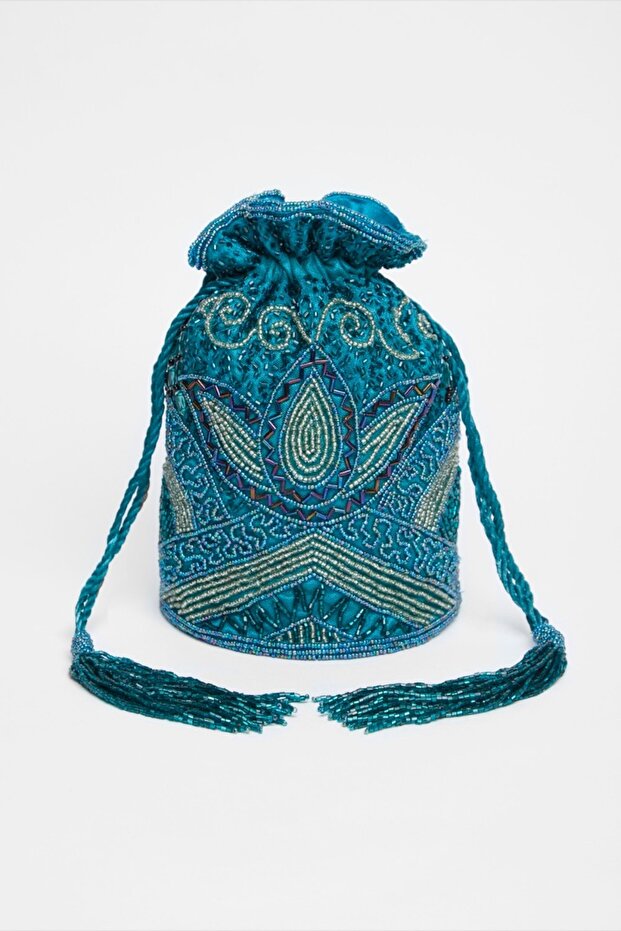 Beatrice Hand Embellished Bucket Bag in Teal