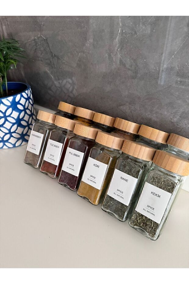 Glass 12 Spice Jar Set with Bamboo Lid 21 Pieces Special Printing High Quality Label Gift