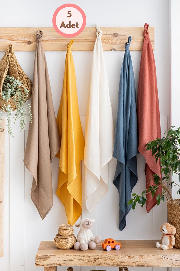 Çok Amaçlı Müslin Örtü & Battaniye 5'li Set %100 Organik Pamuk,emzirme,kundak,puset Örtüsü 90x80 Cm - 1