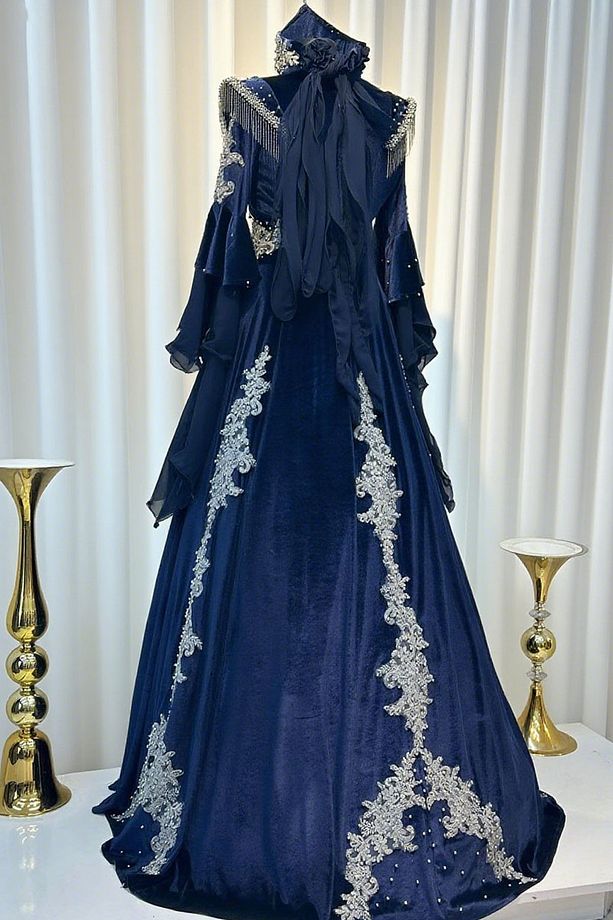 LACİVERT KADİFE BİNDALLI KAFTAN KINA GECESİ ELBİSESİ SETİ TAÇ-KEMER-KOLYE + TARLATAN - 6