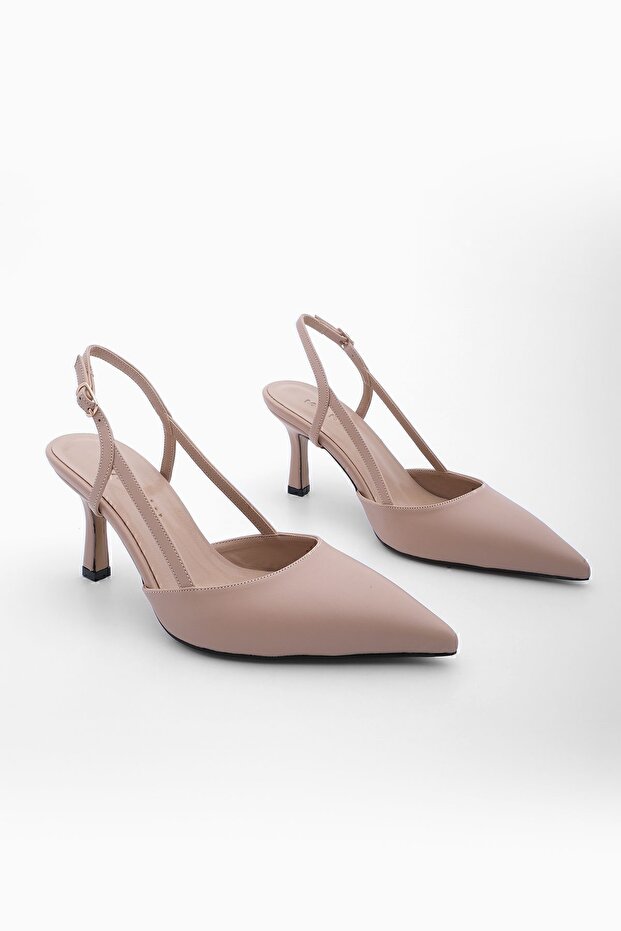 Beigefarbene klassische Damenschuhe mit Absatz – spitze Zehenpartie und offener Riemen - 5