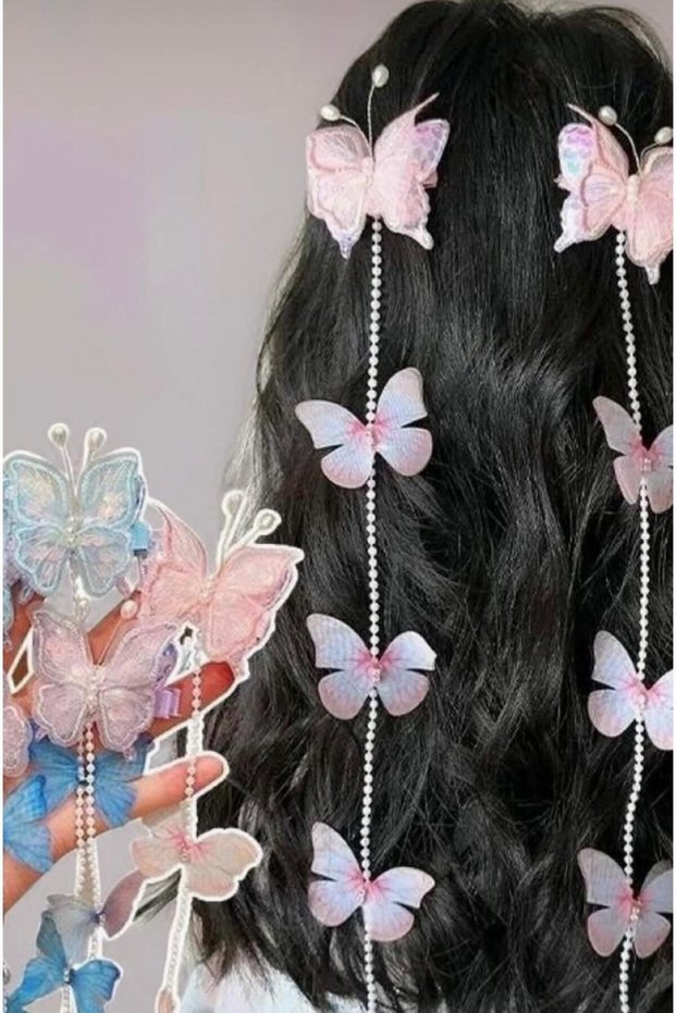 Girls' and Adults' Stoned and Sequined Mixed Color Butterfly Model Side Clip with Pins - 1 Pair