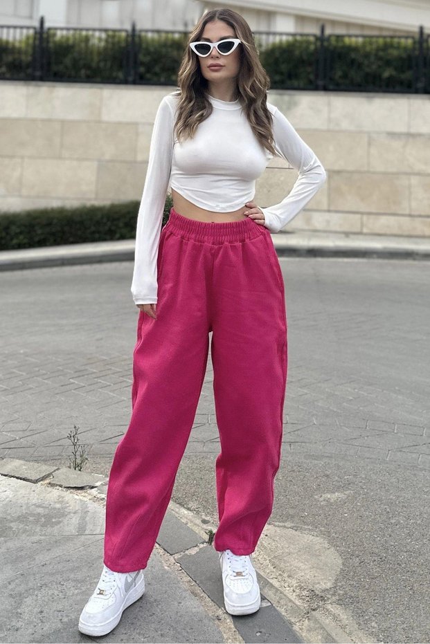 Women's Pink High Waist, Pocket, Elastic Waist, Loose Gabardine Trousers