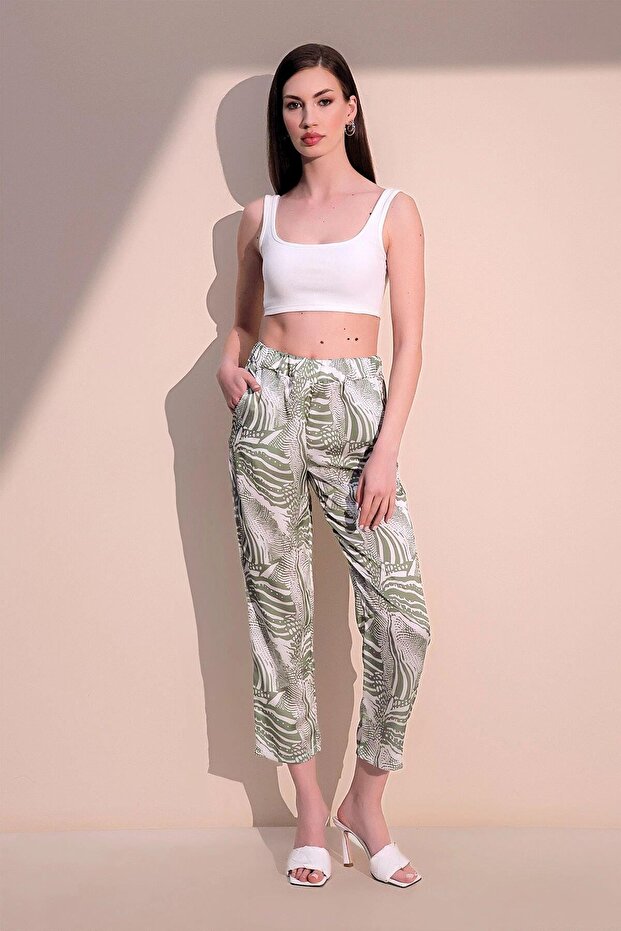 Women's Khaki Comfortable Satin Elastic Waist Safari Pattern Trousers