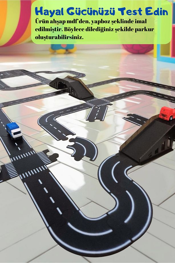 Oyuncak Araba Yarış Pisti, Araç Parkuru (X-LARGE) - Eğitici Yol Seti Ahşap Oyuncak- Otoban Puzzle - 6