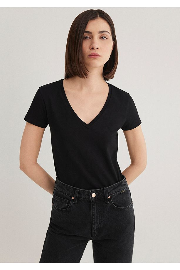 V Yaka Siyah Basic Stretch Tişört Fitted / Vücuda Oturan Kesim 162769-900 - 1
