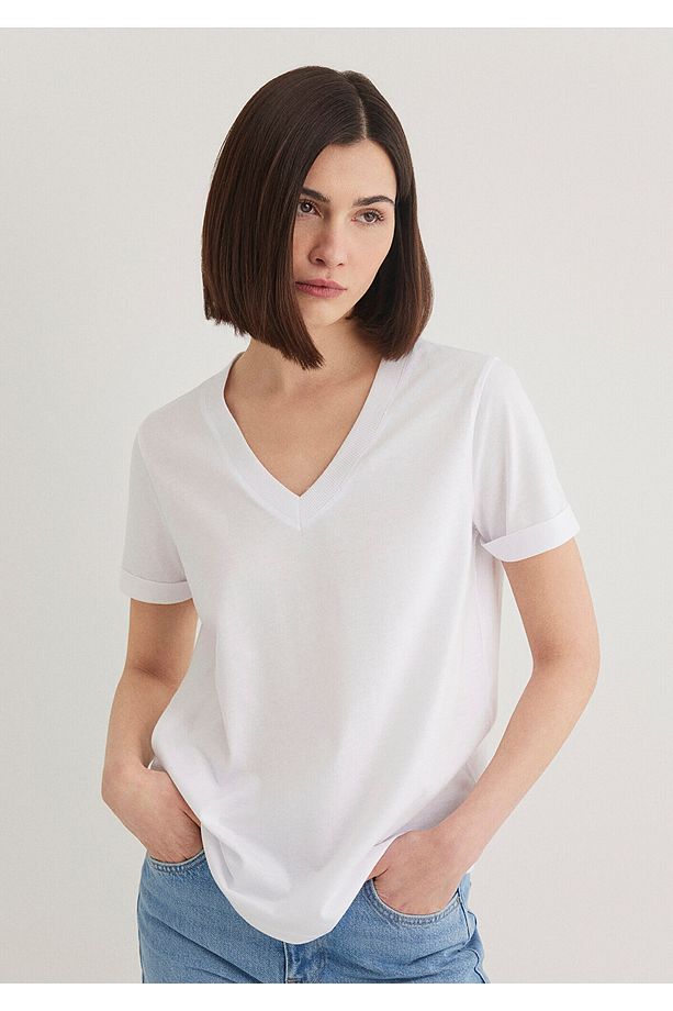 V Yaka Beyaz Basic Tişört Regular Fit / Normal Kesim 166248-620 - 3