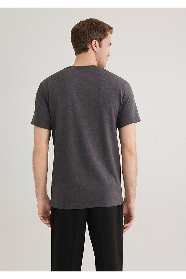 Stretch V Yaka Antrasit Basic Tişört Fitted / Vücuda Oturan Kesim 061748-24398 - 4