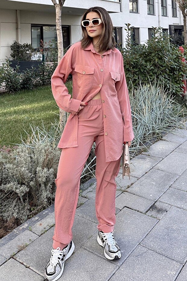 Women's Pink Double Pocket Long Shirt & Elastic Waist Pants - Comfortable Bottom & Top Set