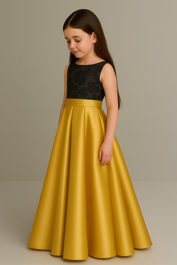 Girl's Gold Satin Pleated Kilos Skirt, Suitable for Mother and Daughter Combination Skirt
