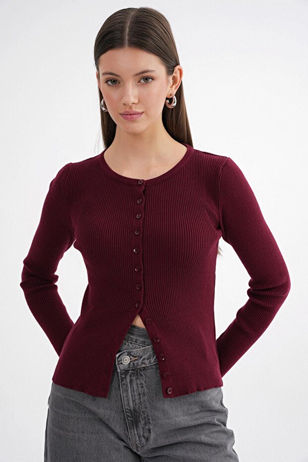 6931 Women's Buttoned Ribbed Knitwear Cardigan Claret Red