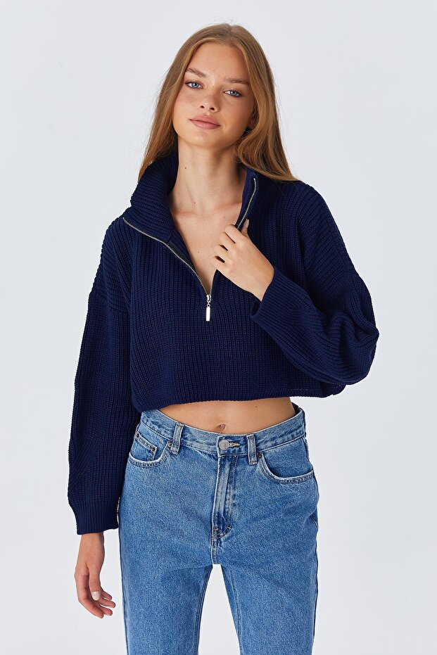 6752 Women's Crop Zipper Sweater Navy Blue