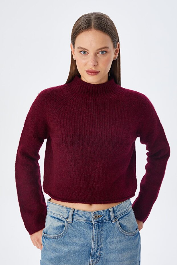 6854 Women's High Neck Whole Crop Knit Sweater Claret Red