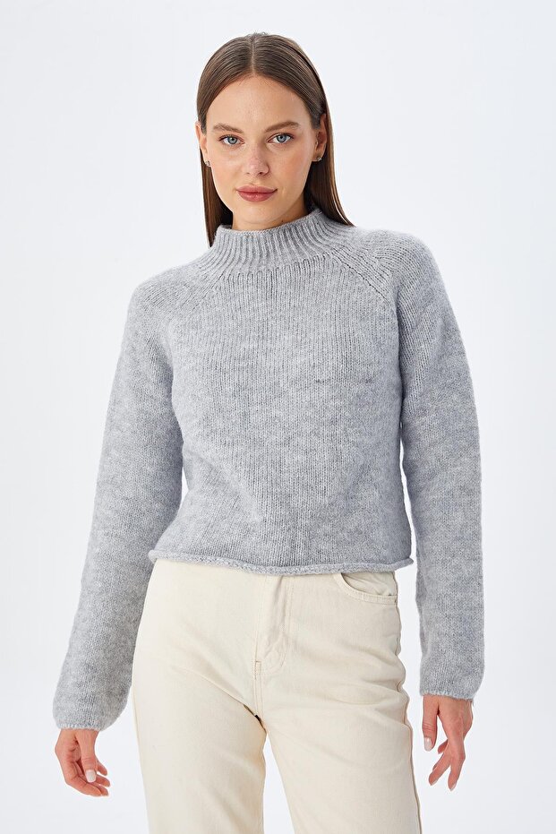 6854 Women's High Neck Whole Crop Knit Sweater Gray