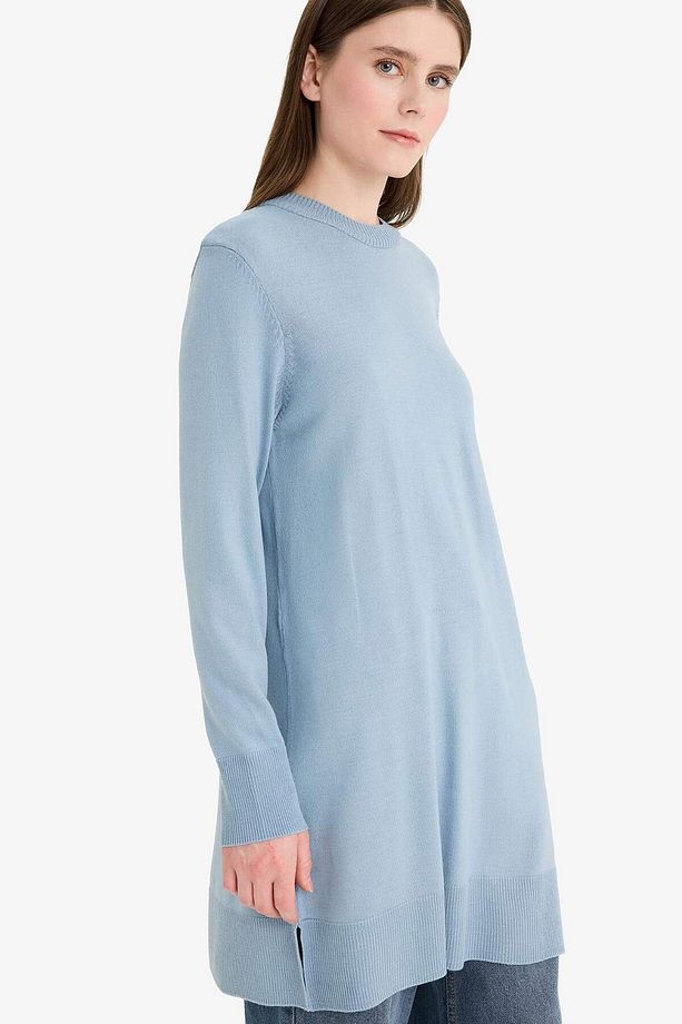 Regular Fit Bisiklet Yaka Yırtmaçlı Basic Düz Uzun Kollu Tunik H3431AZ25WN - 3