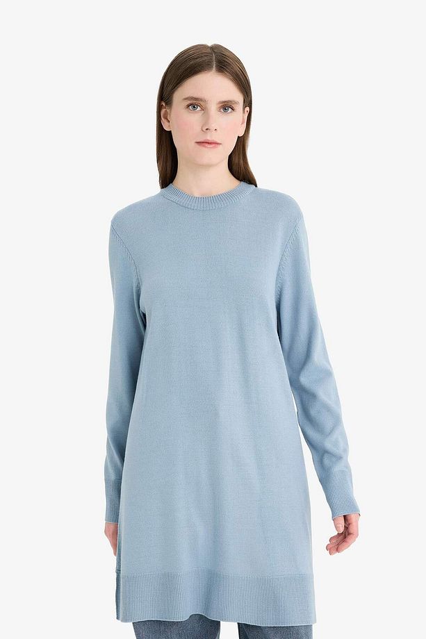 Regular Fit Bisiklet Yaka Yırtmaçlı Basic Düz Uzun Kollu Tunik H3431AZ25WN - 4