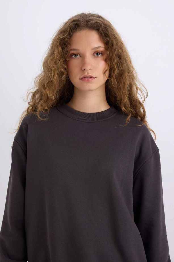 Oversize Geniş Kalıp Bisiklet Yaka Basic Düz Kalın Sweatshirt E3859AX24WN - 4