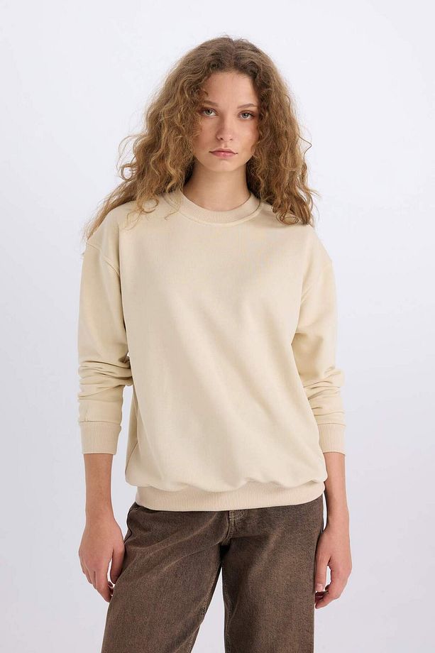 Oversize Geniş Kalıp Bisiklet Yaka Basic Düz Kalın Sweatshirt E3859AX24WN - 1