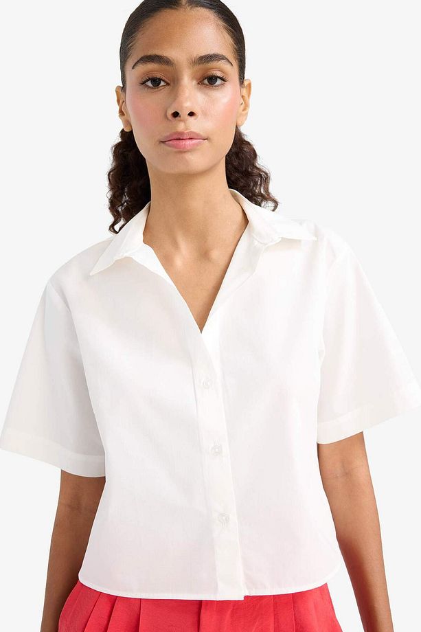 Regular Fit Poplin Kısa Kollu Beyaz Gömlek F8580AX25SM - 5