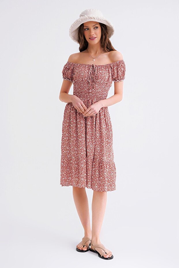 3859 Women's Gipeli Floral Patterned Midi Length Flared Dress Rose
