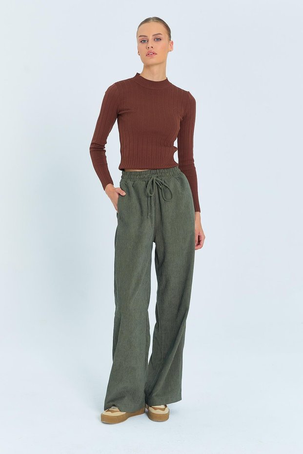 4604 Women's Elastic Waist Velvet Loose Trousers Khaki