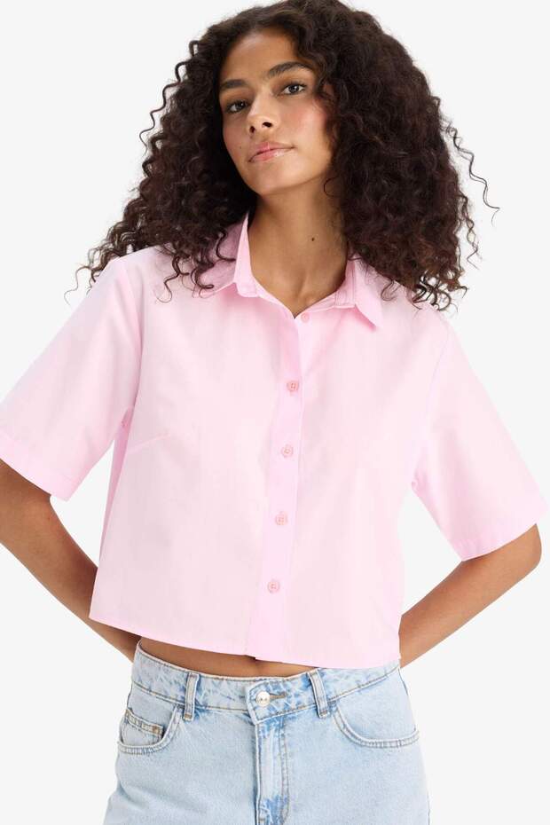 Regular Fit Gömlek Yaka Poplin Kısa Kollu Gömlek F8580AX25SM - 1