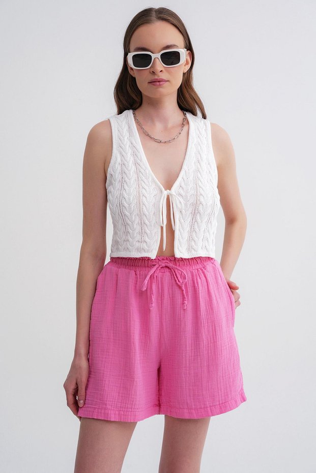 4548 Women's Elastic Waist Muslin Shorts Pink