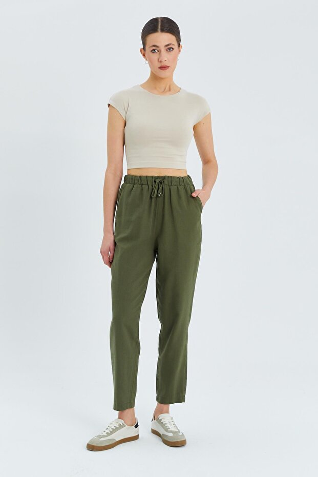 4566 Women's Elastic Waist Linen Trousers Khaki