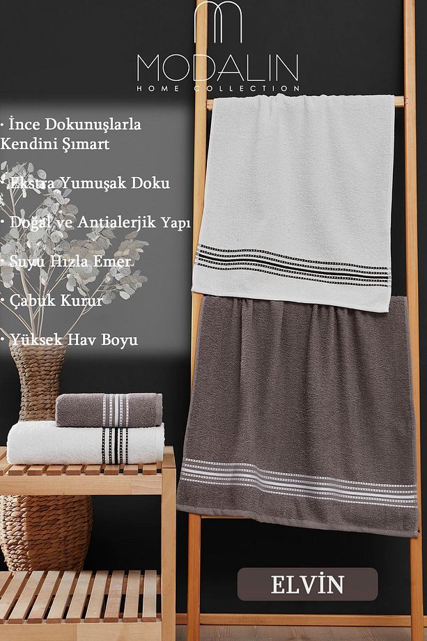 Banyo Havlusu Seti 4 Lü Kahve-beyaz Elvin – Yumuşak Doku, Çabuk Kuruma (70X140 X2 /50X90CM X2 CM) - 5