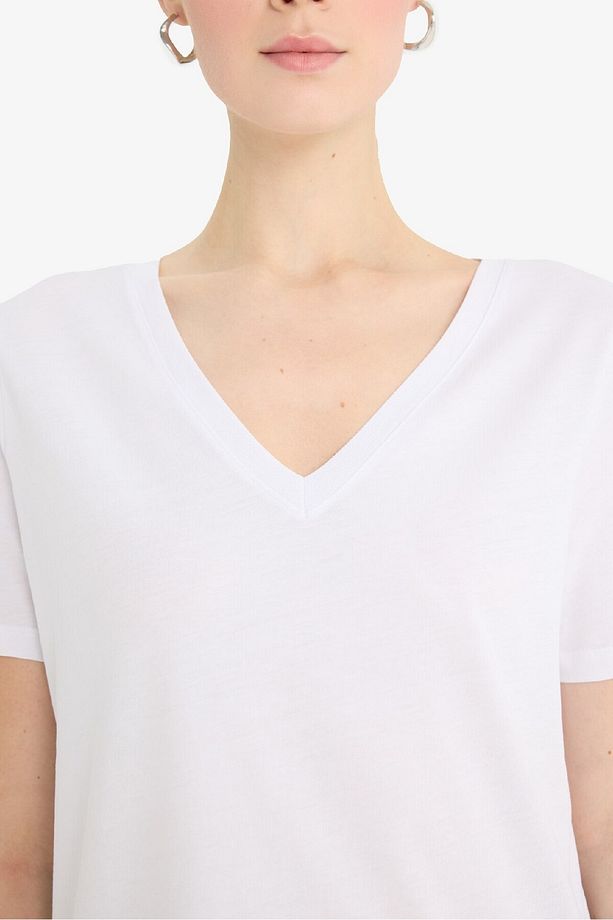 Regular Fit V Yaka Basic Düz Penye Kısa Kollu Tişört F4208AXNS - 5