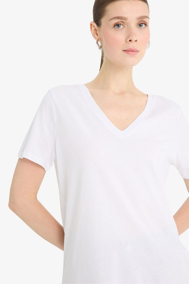 Regular Fit V Yaka Basic Düz Penye Kısa Kollu Tişört F4208AXNS - 1
