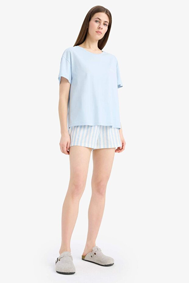 Regular Fit Pijama Takımı Kısa Kollu Üst Esnek Belli Şort-Fall in Love E4323AX25SM - 1