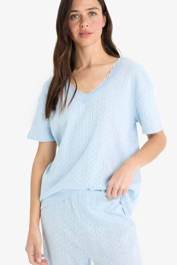 Regular Fit Pijama Takımı Kısa Kollu V Yaka Üst Beli Lastikli Uzun Alt-Fall in Love E9831AX25SM - 4