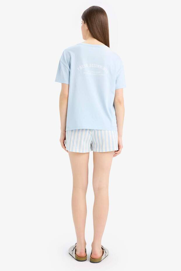 Regular Fit Pijama Takımı Kısa Kollu Üst Esnek Belli Şort-Fall in Love E4323AX25SM - 7