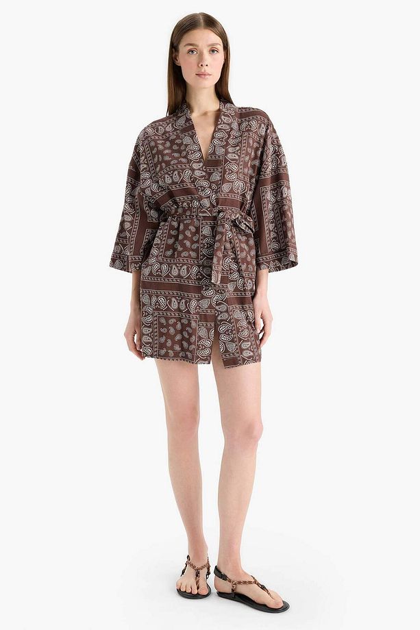 Regular Fit Desenli Kuşaklı Pamuklu Kimono-Fall in Love D0453AX25SP - 2