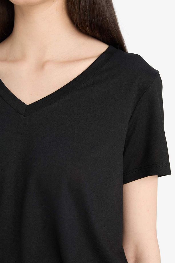 Regular Fit V Yaka Basic Düz Kısa Kollu Tişört F4214AXNS - 5