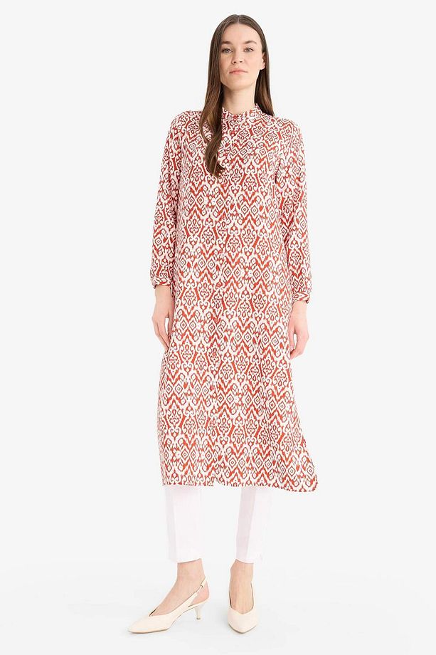 Regular Fit Desenli Dik Yaka Uzun Kollu Diz Altı Tunik D9861AX25SM - 1