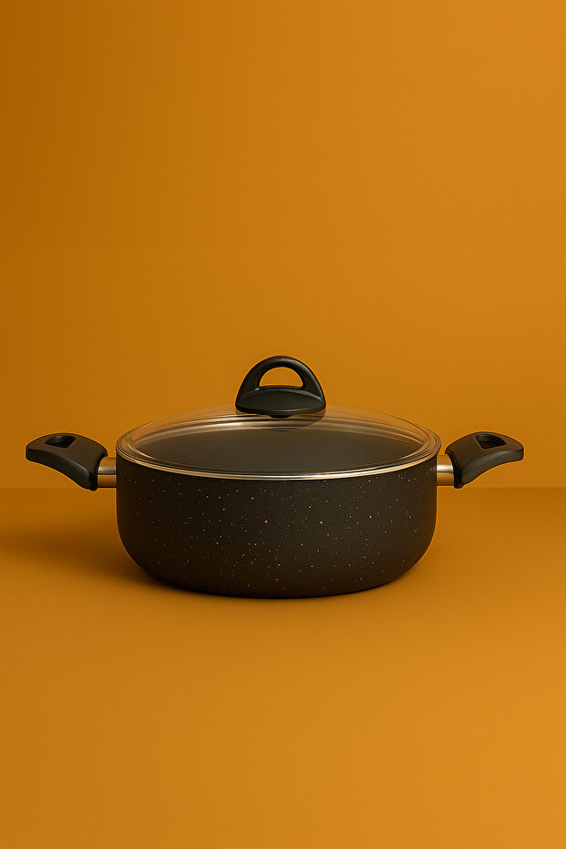 24 cm Granite Pot – 5 Liters, Non-Heating Bakelite Handle, Glass Lid, Aluminum Base